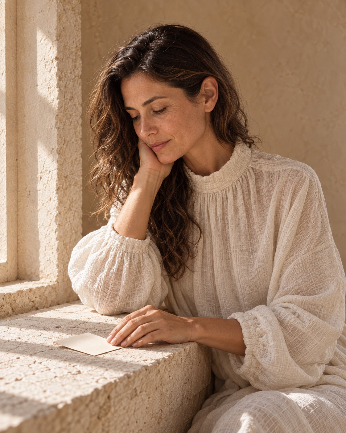 Woman in high-neck linen pausing over a ritual card at a Mediterranean stone window
