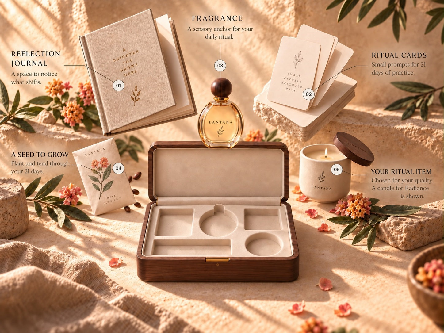 Radiance kit showing the reflection journal, ritual cards, fragrance, a seed to grow and a candle above an open wooden box