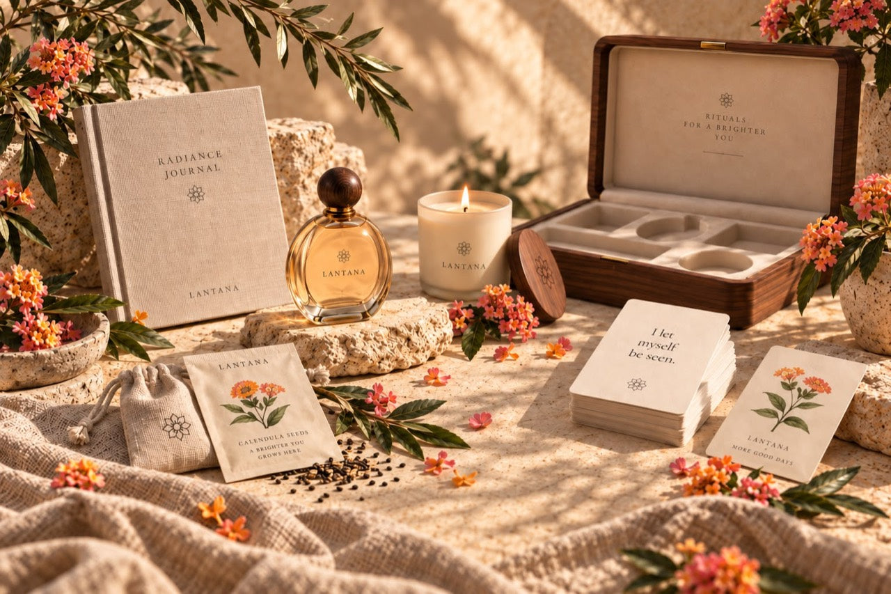 Radiance Winter Edition with a linen journal, fragrance, candle, ritual cards and seed packet, surrounded by flowers and limestone in warm Mediterranean light